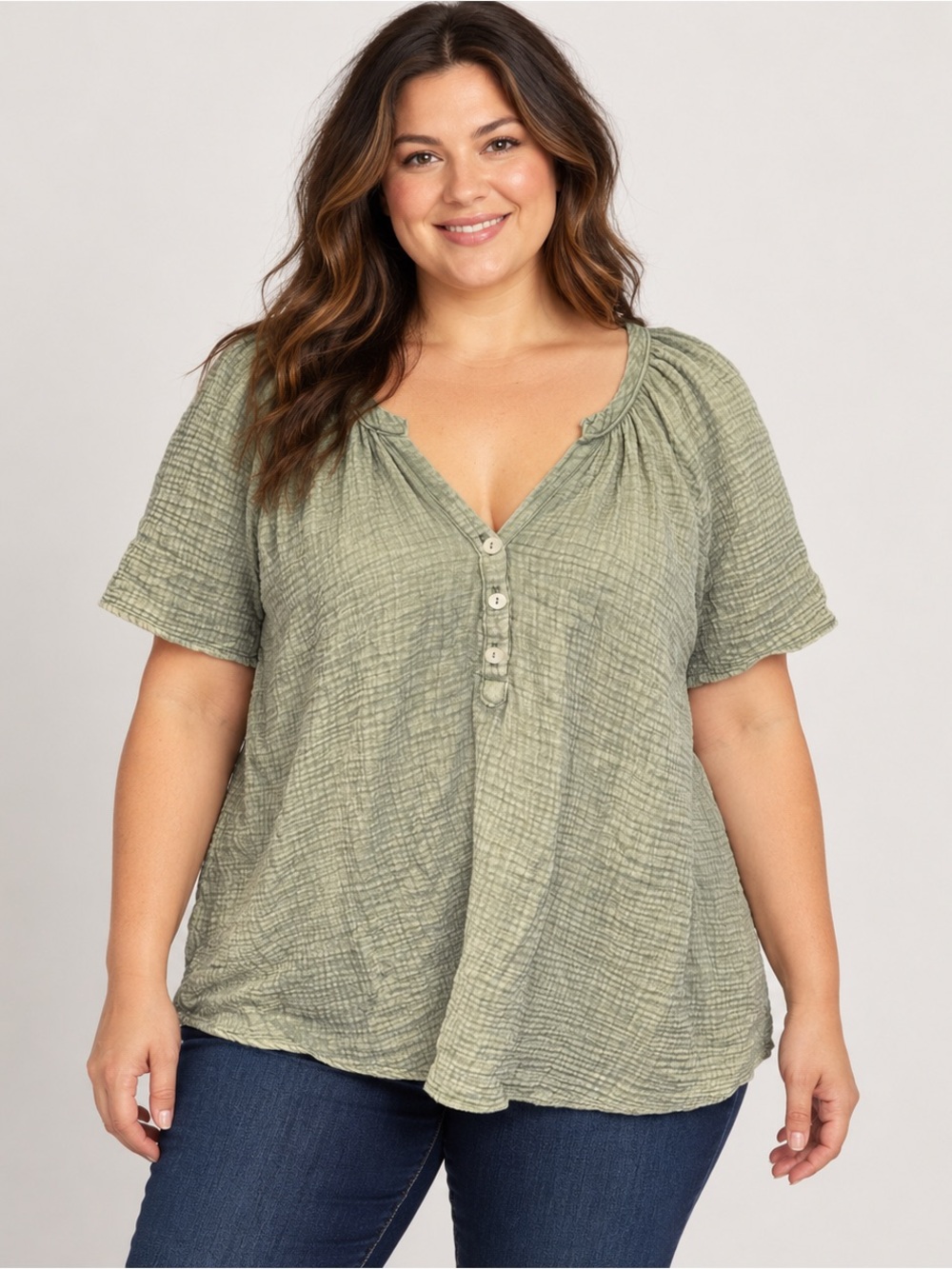 Cynthia rowley boho safe green crinkle gauze Henley top - 1x